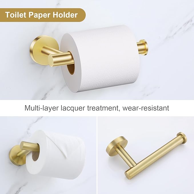 Lairuier 5 Pieces Brushed Gold Bathroom Accessories Set, 23.6 Inch Bath Towel Bar Set, SUS304 Stainless Steel Bathroom Hardware Set Round Toilet Paper Holder Set Wall Mounted