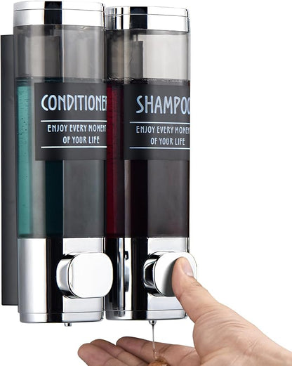 Shampoo and Conditioner Dispenser,GlintGath Shower Dispenser 2 Chamber No Drill Shampoo Dispenser for Shower Wall Mounted Shower Soap Dispenser for Bathroom Hotel,2 * 300ML,Chrome