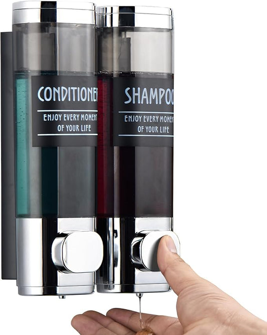 Shampoo and Conditioner Dispenser,GlintGath Shower Dispenser 2 Chamber No Drill Shampoo Dispenser for Shower Wall Mounted Shower Soap Dispenser for Bathroom Hotel,2 * 300ML,Chrome