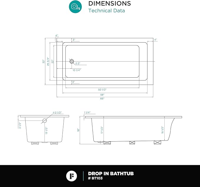Fine Fixtures Drop In White Soaking Bathtub, Fiberglass Acrylic Material, 66"L x 32"W x 19"H