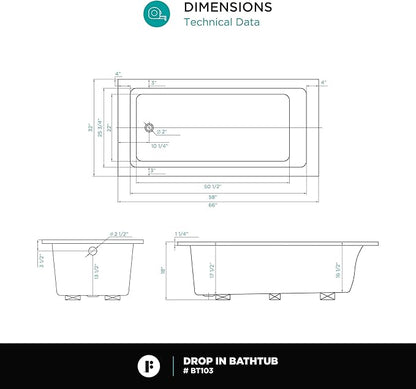 Fine Fixtures Drop In White Soaking Bathtub, Fiberglass Acrylic Material, 66"L x 32"W x 19"H
