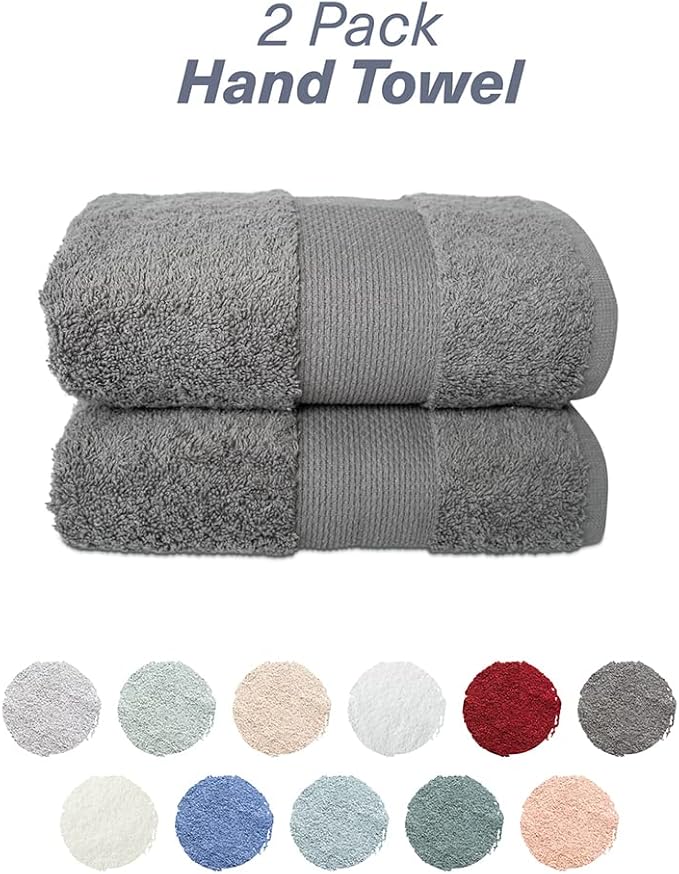 Hencely Luxury Hand Towel - Set of 2 (16x28 Inches) - Soft Turkish Cotton, Absorbent, Quick-Drying Face, Body, Kitchen, and Bathroom Towel (Hand Towels 2 Pack, Gray)