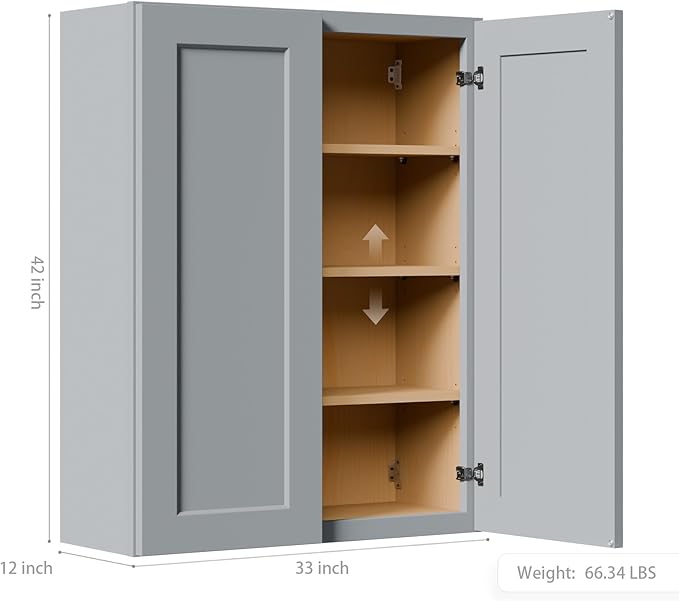 33 Inch Laundry Room Cabinets Wall Mounted, Solid Wood Over The Toilet Storage Cabinet, Bathroom Organizer Cabinets with 2 Door & 3 Shelves, Easy to Assemble for Kitchen, Garage - Dark Gray