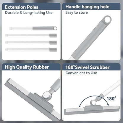 Floor Squeegee with 180° Rotating Head, Squeegee for Floor with 52'' Long Handle, Squeegee Broom, Squeegee for Window Cleaning, Bathroom Tile, Garage Concrete, Deck, Shower Glass (White)