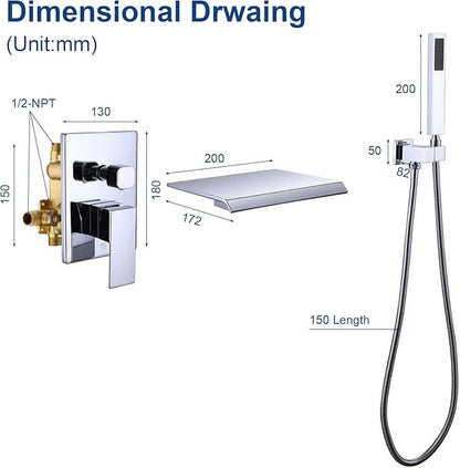 TapLong Wall Mount Bathtub Faucet with Waterfall Tub Spout Bath Tub Faucet Set with Handheld Shower Single Handle Tub Filler Shower Faucet Set with Rough-in Valve and Trim Kit, Polished Chrome, 91266