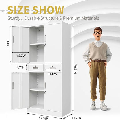 Metal Storage Cabinet, 71 Inch Tall Metal Storage Cabinet with Doors and Shelves, Pantry Cabinets with 2 Drawers for Kitchen Storage, Garage Cabinet for Living, Dining Room, Assemble Required