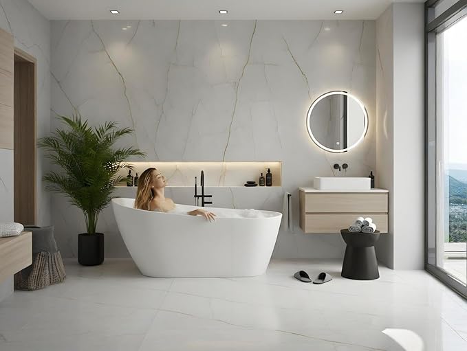 Freestanding Bathtub 67 inch Acrylic Oval Soaking Tub – All-White Design with Chrome Drain and Overflow Cover, Contemporary Stand Alone Bath for Family or Guest Use