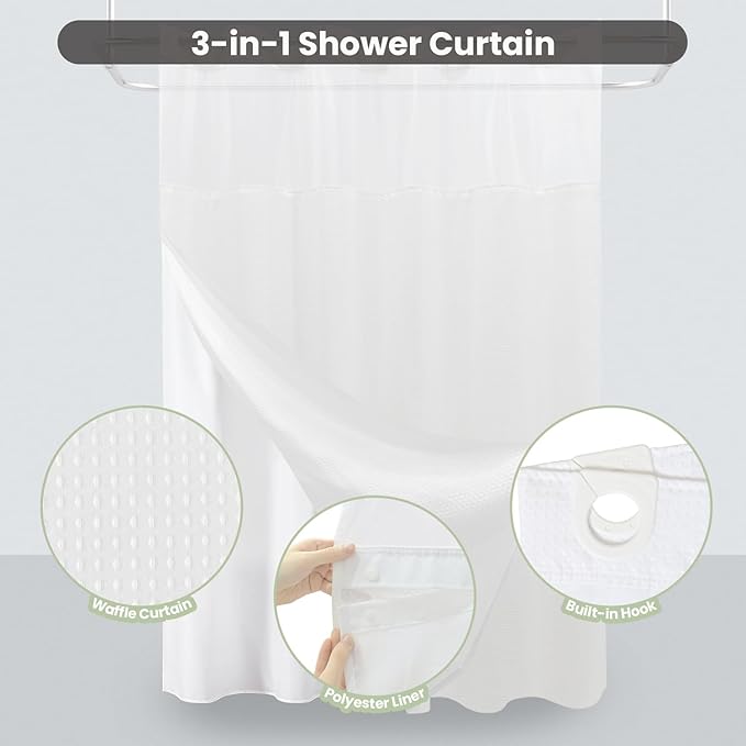 Inhousolu Extra Long No Hook Shower Curtain with Snap in Fabric Liner Set Waffle Weave 230GSM Weighted Hem, Waterproof & Washable Bathroom Curtain Spa Luxury with Mesh Top Window 72" W x 84" L White