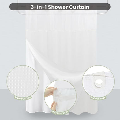 Inhousolu Stall No Hook Shower Curtain with Snap in Fabric Liner Set Waffle Weave 230GSM Weighted Hem, Waterproof & Washable Bathroom Curtain Spa Luxury with Mesh Top Window 60" W x 72" L White