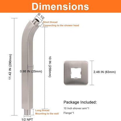 HarJue Shower Arm with Flange and Teflon Tape, Wall Mounted Square Shower Pipe 304 Stainless Steel Extension Arm for Fixed Shower Head & Handheld Shower (10 Inch, Brushed Nickel)