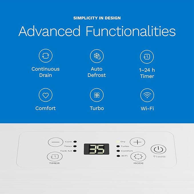 hOmeLabs Dehumidifier - Advanced Humidity & Moisture Control, Quiet, Efficient, Auto Shut-off, Ideal for Home, Basement, Office - 1,800 Sq Ft Wi-Fi (8 Pint MAX 24 Pint at 95°F, 90% RH)
