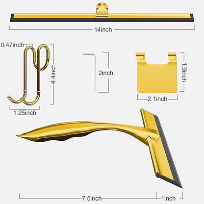 14-Inch Shower Squeegee, Stainless Steel Squeegee for Shower or Window Glass Door, Includes Two Spare Scrapers and one Adhesive Hook. (Gold, 14 in)
