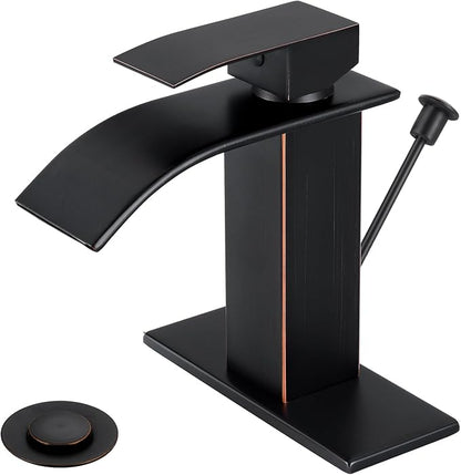 Bathroom Faucets with Lift Rod Drain Oil Rubbed Bronze Waterfall Bathroom Sink Faucet Modern Single Handle Bathroom Faucet for 1 or 3 Hole Mxier Tap Washbasin Faucet with Deck