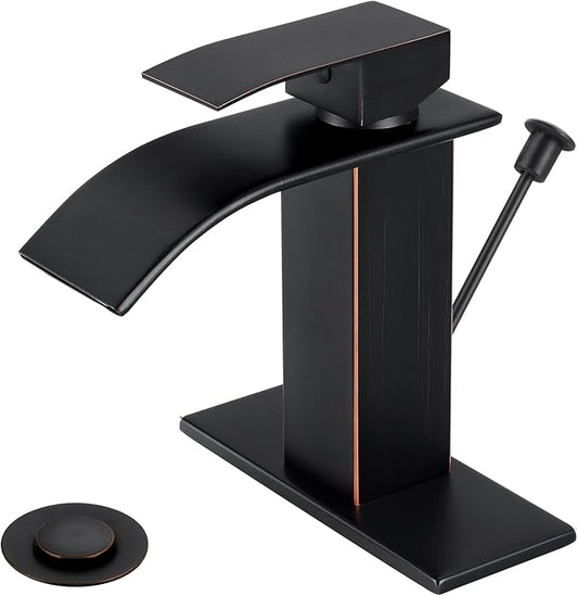 Bathroom Faucets with Lift Rod Drain Oil Rubbed Bronze Waterfall Bathroom Sink Faucet Modern Single Handle Bathroom Faucet for 1 or 3 Hole Mxier Tap Washbasin Faucet with Deck