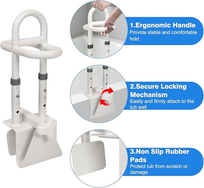 Adjustable Bathtub Safety Rail, Shower Grab Bars Handle with Non-Slip Handle for Seniors, Elderly, and Disabled, Fits 3"–6.7" Tub Walls, Supports 300 lbs, Bathroom Safety Bars