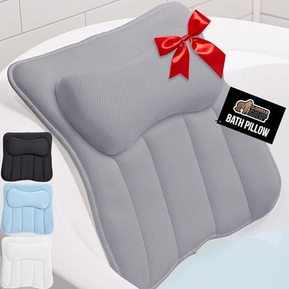GORILLA GRIP Bath Pillow for Tub with Powerful Suction Cups, Headrest Pillows for Neck and Back Support, Machine Wash, Bathtub and Hot Tub Accessories, Relaxing Spa Gift Essentials for Women, Gray