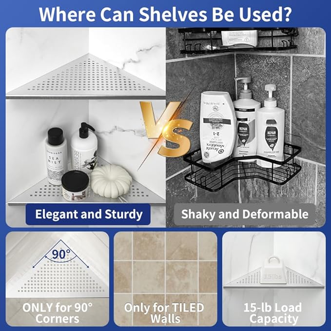 Corner Shower Shelves, 12" Brushed 304 Stainless Steel Recessed Shelf for Bathroom, Grout in Shelf for Tiled Wall, 2 Pack Large Size