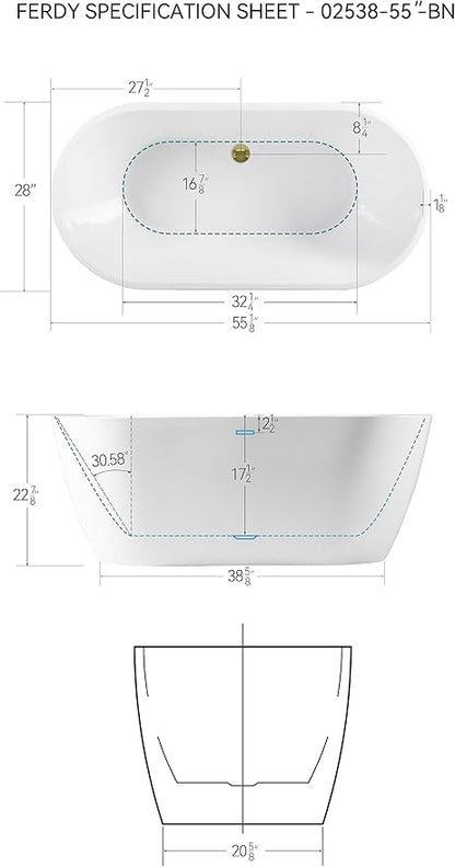FerdY Bali 55" Freestanding Bathtub, Glossy White Freestanding soaking tub with Polished Gold Drain & Integrated Slotted Overflow, cUPC Certified…