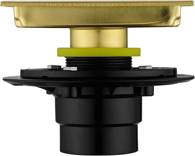 6 Inch Square Shower Drain with Adjustable Shower Drain Base Flange, SUS 304 Stainless Steel Floor Drain with Removable Cover Grid Grate, Brushed Gold Brass Finished