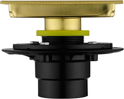 6 Inch Square Shower Drain with Adjustable Shower Drain Base Flange, SUS 304 Stainless Steel Floor Drain with Removable Cover Grid Grate, Brushed Gold Brass Finished
