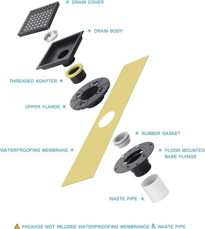6 Inch Shower Drain Brushed Gold with Adjustable Shower Drain Base Flange SUS304 Stainless Steel Floor Drain Cover Removable Mesh Grille