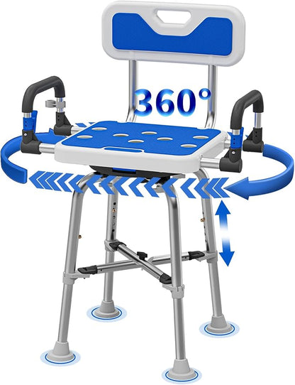 Swive Shower Chair with Arms and Back Heavy Duty 500 lbs for Seniors Elderly Disabled or Bariatric Adults Bench Seat for Inside Shower Stall and Bathroom Bath Tub Seats Adjustable Stool