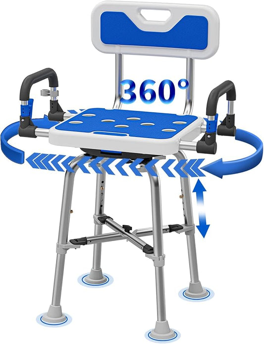 Swive Shower Chair with Arms and Back Heavy Duty 500 lbs for Seniors Elderly Disabled or Bariatric Adults Bench Seat for Inside Shower Stall and Bathroom Bath Tub Seats Adjustable Stool