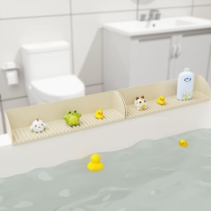 Roslim Splash Guard for Bathtub & Sink - Silicone Kids Bath Splash Guard Shelf, Bath Toy Tray Holder, Tub Water Splash Guard with 4 Suction Cups, Bathroom Accessories for Baby Bath, 1Pack, Beige