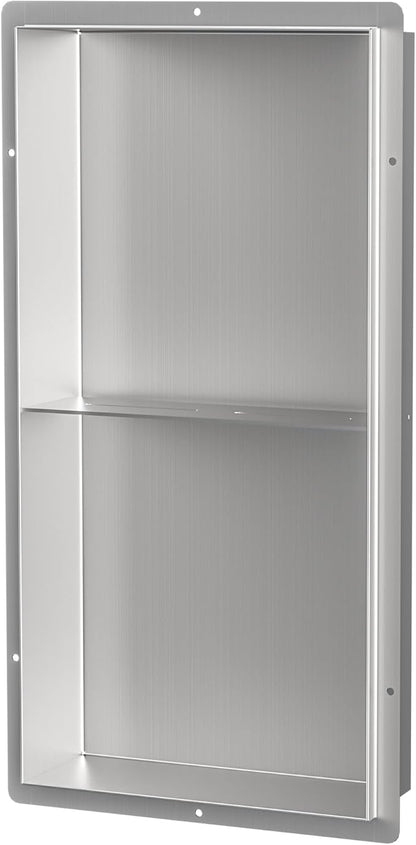 Bathroom Wall Niche, Stainless Steel Shower Niche 12" X 24", Rimless Recessed Wall Shelf for Bathroom, Double Shelves Bathroom Niche No Tile Needed, Brushed Nickel