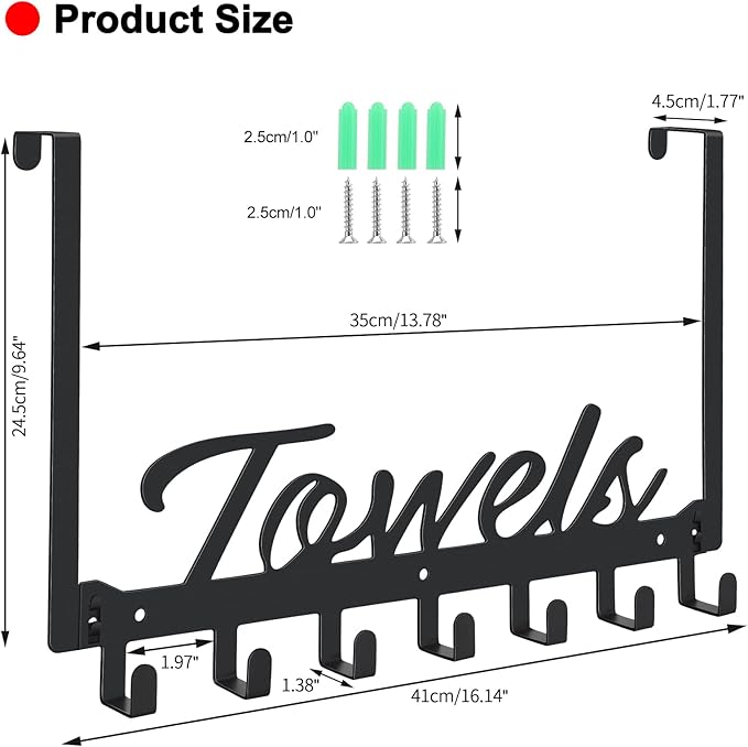 Over The Door Hooks - Heavy Duty Towel Rack with 7 Coat Hooks for Bedroom Bathroom Pool Kitchen