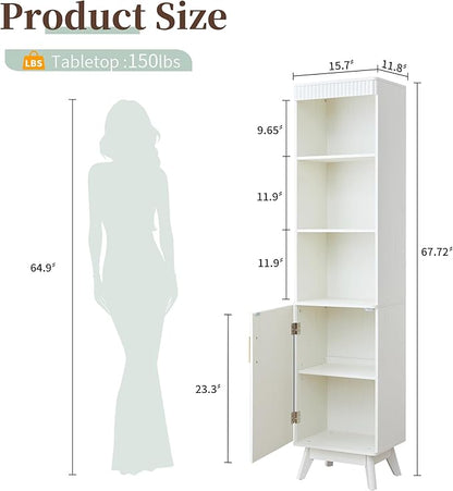 68" Tall Bathroom Storage Cabinet,Narrow Fluted Tower Cabinet with Door and Shelves,Slim Space Saving Storage Unit for Bathroom Kitchen Living Room (White, 11.8" D x 15.75" W x 68" H)