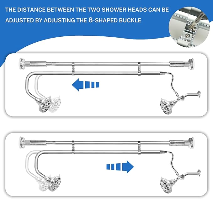 Tandem Shower Heads, Double Shower Head for Couples, Dual Shower Head System for Two People, High Pressure and Adjustable Double Shower Heads (Silver)