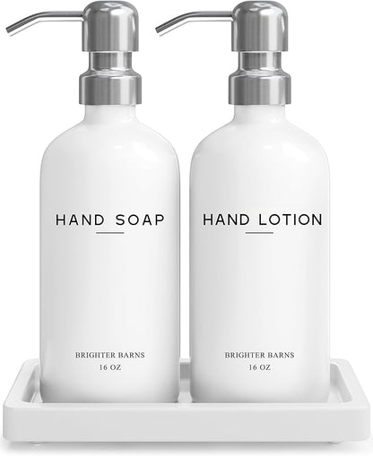 White Glass Soap and Lotion Dispenser Set by Brighter Barns - Bathroom Soap Dispenser Set Tray - Liquid Hand Soap Dispenser Pump - Modern Bathroom Accessories for Guest, Hotel, Spa, Restaurant (White)