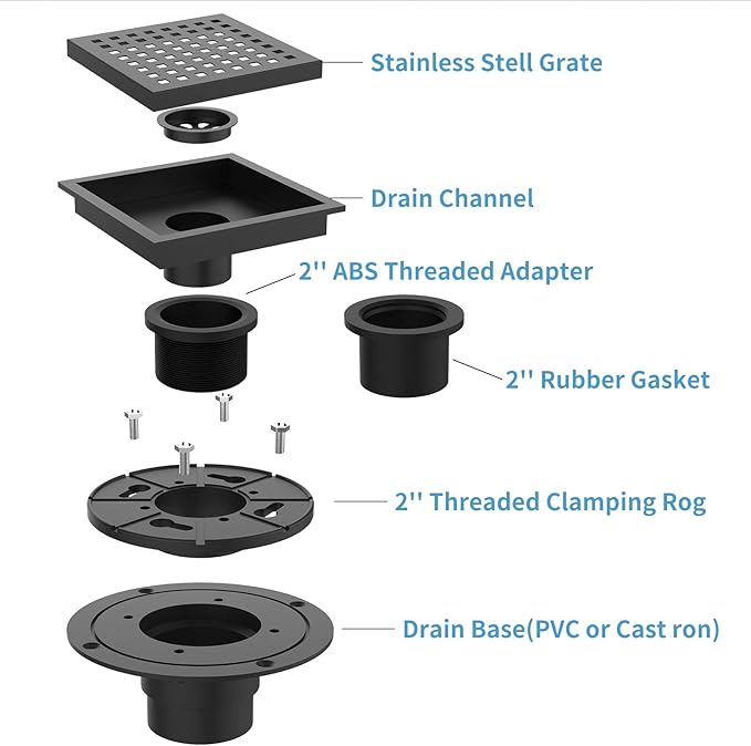 6 Inch Square Shower Floor Drain, Brushed Nickel High Flow Shower Drain Kit with Flange with Hair Filter, Removable Grate Cover, Stainless Steel, Abs Fixing Tray, CUPC Certified (Matte Black)