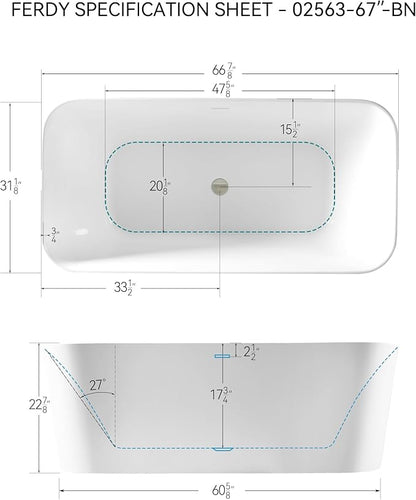 FerdY Maui 67" Acrylic Freestanding Bathtub, Contemporary Elegant Design Soaking Tub with Brushed Nickel Drain and Minimalist Linear Design Overflow, Easy to Install, 02563