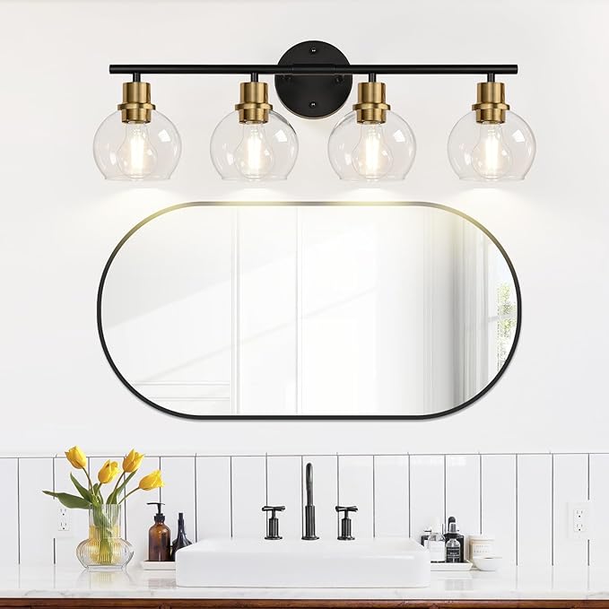 2025 Upgrade 4-Light Bathroom Light Fixtures, Black and Gold Bathroom Lights Over Mirror with Clear Glass Globe Shade, Vanity Lights for Bathroom Kitchen Living Room Hallway Cabinet Bedroom Porch