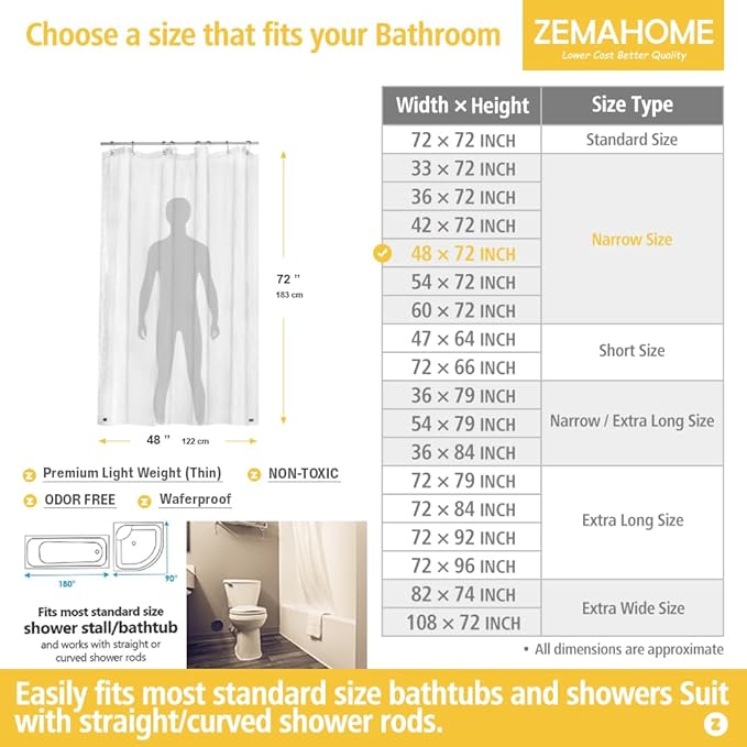 Narrow Size Clear Plastic Shower Curtain Liner, 48x72 Inch Thin Lightweight Transparent Plastic Bathroom Shower Showroom Inner Curtain with Rustproof Metal Grommet Holes and Weighted Magnets