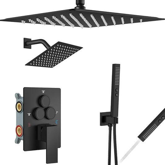 Aolemi Shower Faucet Set Ceiling Mount Shower System Rough-in Valve and Shower Trim Kit 16 and 6 Inch Dual Shower Head 2 in 1 Handheld Spray Push Button Diverter Matte Black