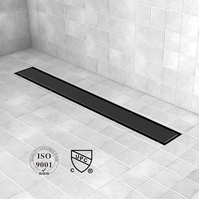 Linear Shower Drain, 60 inch Black Drain with Tile Insert 2-in-1 Panel, Brushed 304 Stainless Steel Shower Floor Drain, Linear Drain with Hair Strainer and Adjustable Feet