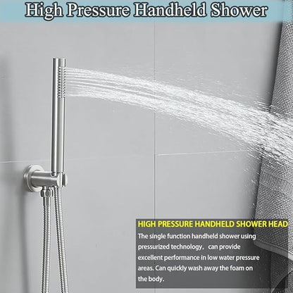 Brushed Nickel Round Shower Faucet Set with Body Jets 16 Inch Shower Head Handheld Shower Combo Set High Pressure Ceiling Mount with Rough-in Valve