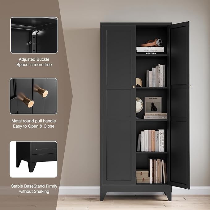 Yizosh Metal Pantry Cabinet, 75" Kitchen Pantry with 2 Door and 4 Adjustable Shelves,Black Metal Pantry Storage Cabinet,Cupboard for Kitchen,Dining Room,Living Room and Bathroom