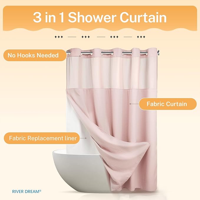 River Dream No Hooks Required Dotted Pink Shower Curtain with Snap in Liner - 71" W x 74" H,Hotel Grade,Spa Like Bath Curtain