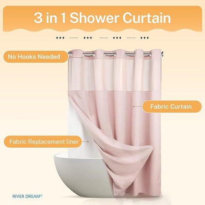 River Dream No Hooks Required Dotted Pink Shower Curtain with Snap in Liner - 71" W x 74" H,Hotel Grade,Spa Like Bath Curtain