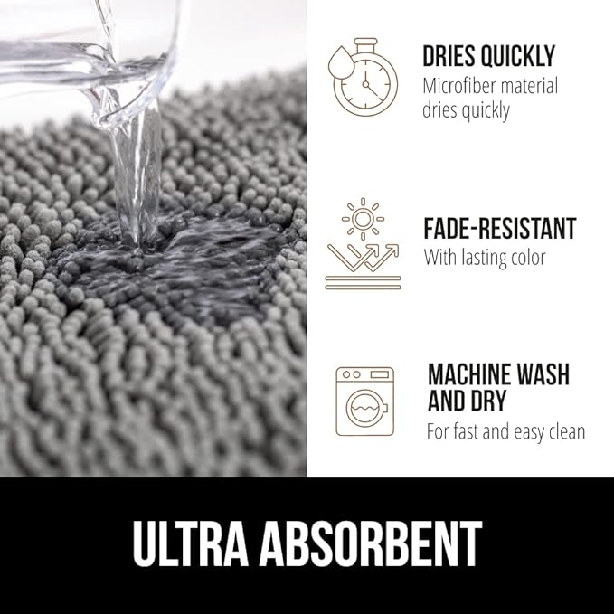 GORILLA GRIP Bath Rug Mat 60x17, Thick Soft Absorbent Chenille, Quick Dry Microfiber Mats, Rubber Backing Washable Shower Floor Rugs, Bathmat Runner, US Designed Bathroom Home Decor Accessories Grey