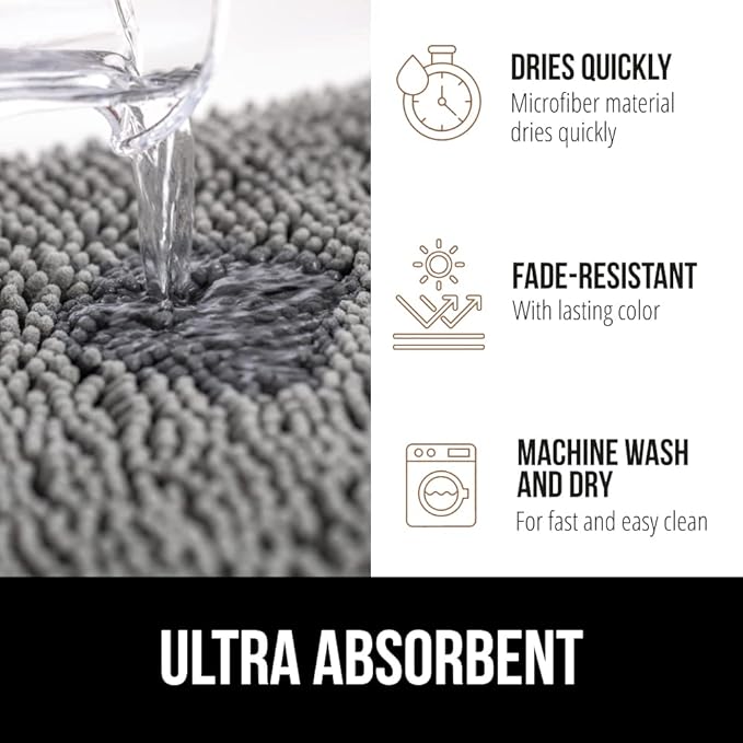 GORILLA GRIP Bath Rug Mat 42x24, Thick Soft Absorbent Chenille, Quick Dry Microfiber Mats, Rubber Backing Washable Shower Floor Rugs, Bathmat Runner, US Designed Bathroom Home Decor Accessories Grey