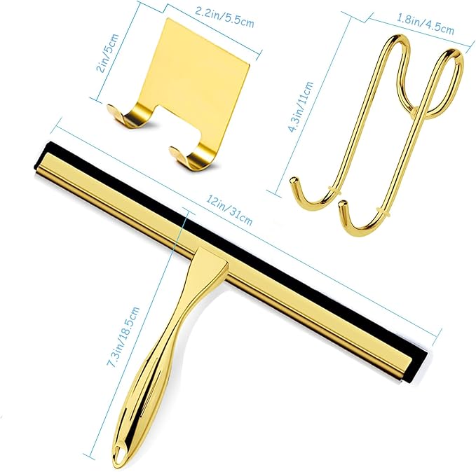 Shower Squeegee for Glass Doors, 12 Inches Bathroom Squeegee with Spare Silicone Blade, Shower Door Hook and Adhesive Hook, Stainless Steel Bathroom Squeegee for Mirror Window (12in-Gold-1 Pack)