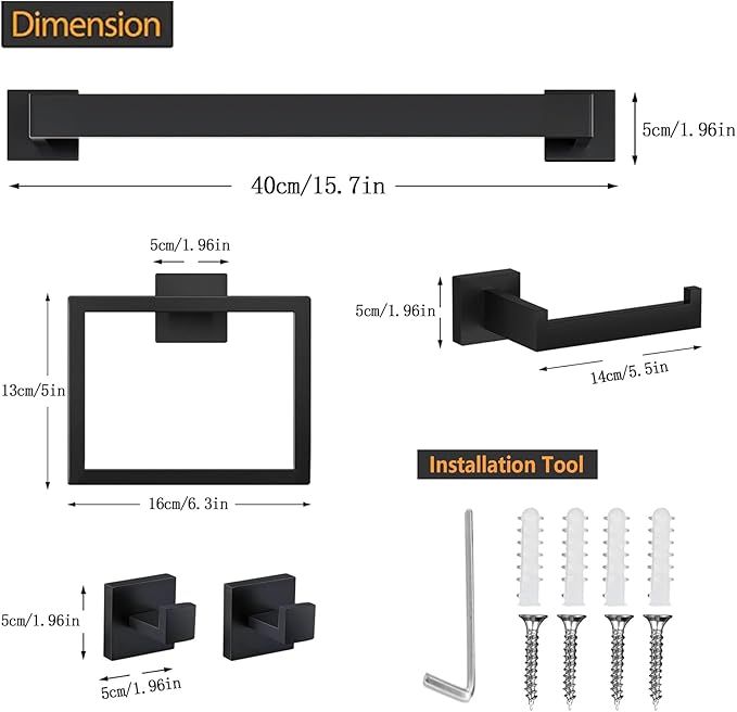 5 Piece Bathroom Towel Bar Set - SUS304 Stainless Steel Bath Towel Holder, 15.7 Inch Towel Racks for Bathroom Wall Mounted, Bathroom Hardware Accessories Set - Matte Black