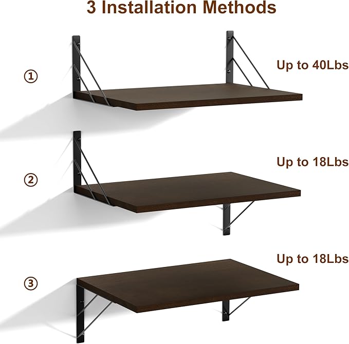 Love-KANKEI Deep Floating Shelves for Wall, 16" W x 12" D Wide Wall Shelves Set of 2, Rustic Large Wood Hanging Shelves for Storage, Bathroom Bedroom Living Room Kitchen Dark Brown
