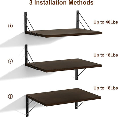 Love-KANKEI Deep Floating Shelves for Wall, 16" W x 12" D Wide Wall Shelves Set of 2, Rustic Large Wood Hanging Shelves for Storage, Bathroom Bedroom Living Room Kitchen Dark Brown