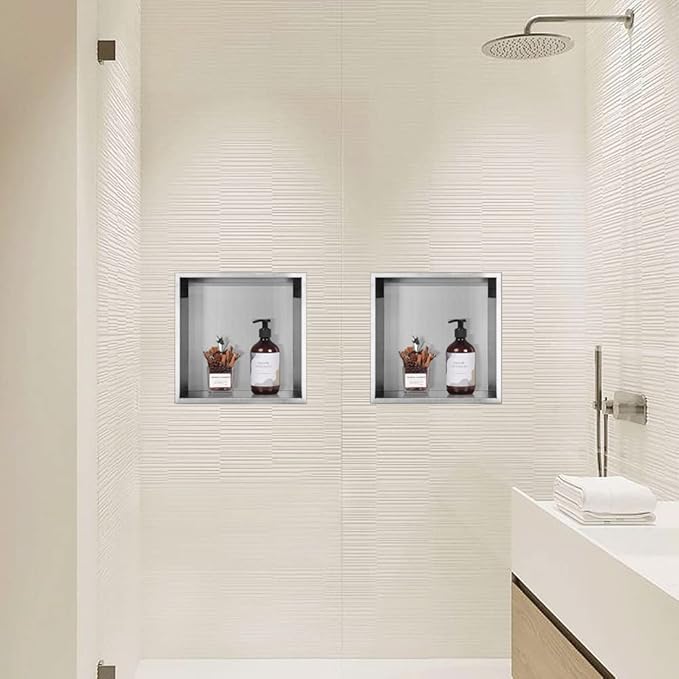 Neodrain Recessed Shower Niche, Bathroom Storage Cabinet Inner Size 12" X 12", Brushed Stainless Steel Bathroom Wall Niche Insert No Tile Needed for Shampoo